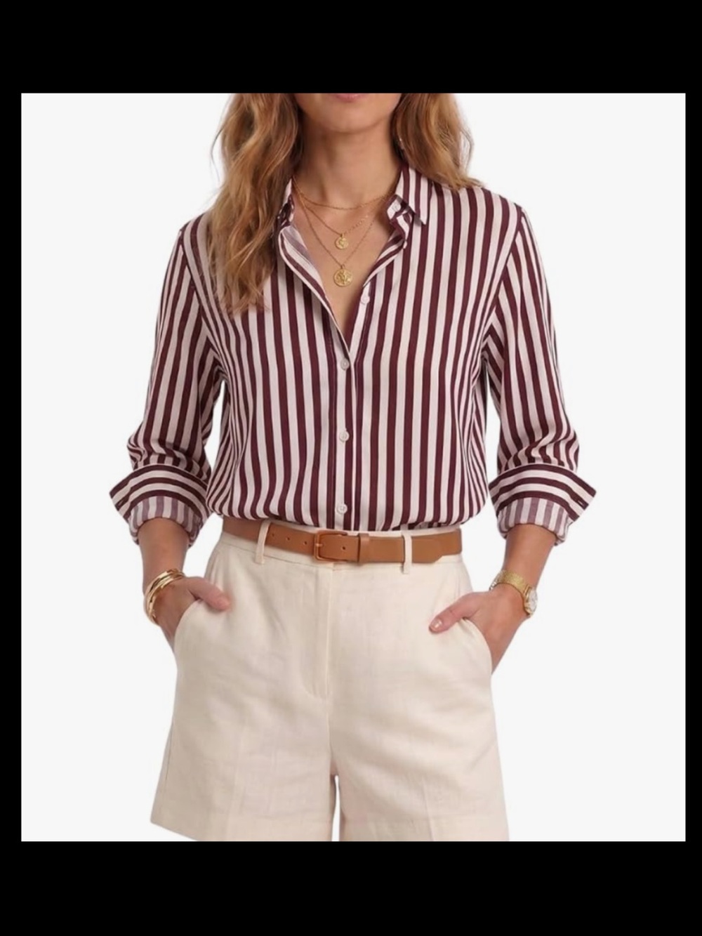 New NWT OctMoon XL Burgundy & Ivory Stripe Button-Up Blouse | Effortless Chic